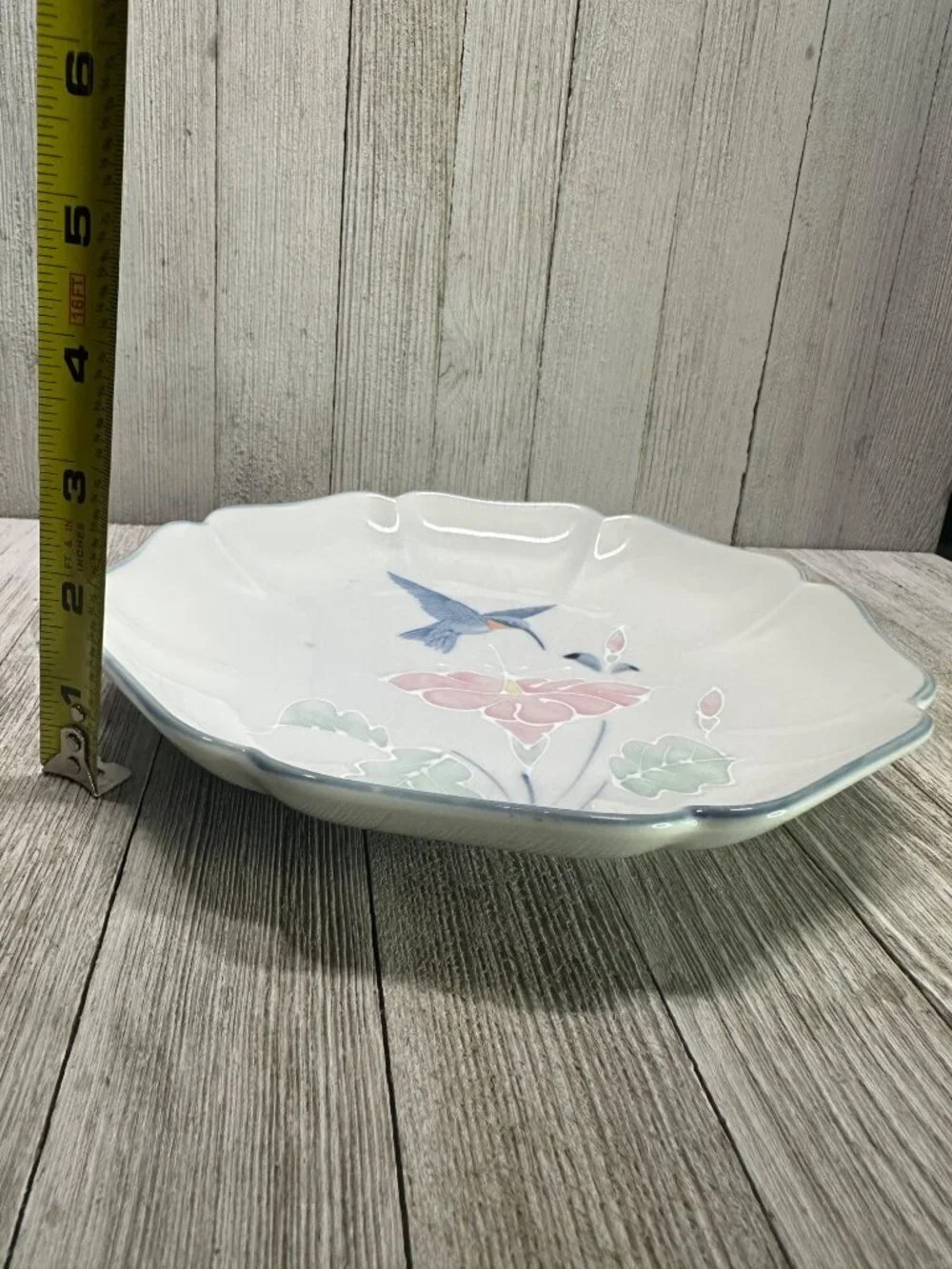 Vtg Otagiri Plate Octagonal Lotus & Hummingbird Design Blue Trim 8.5'' Japan